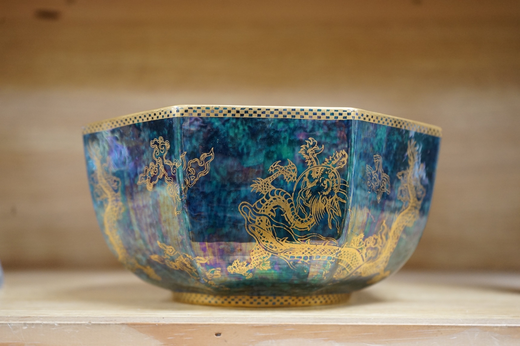 A Wedgwood octagonal lustreware ‘dragon’ bowl, designed by Daisy Makeig Jones, pattern number Z4831, 20cm wide
